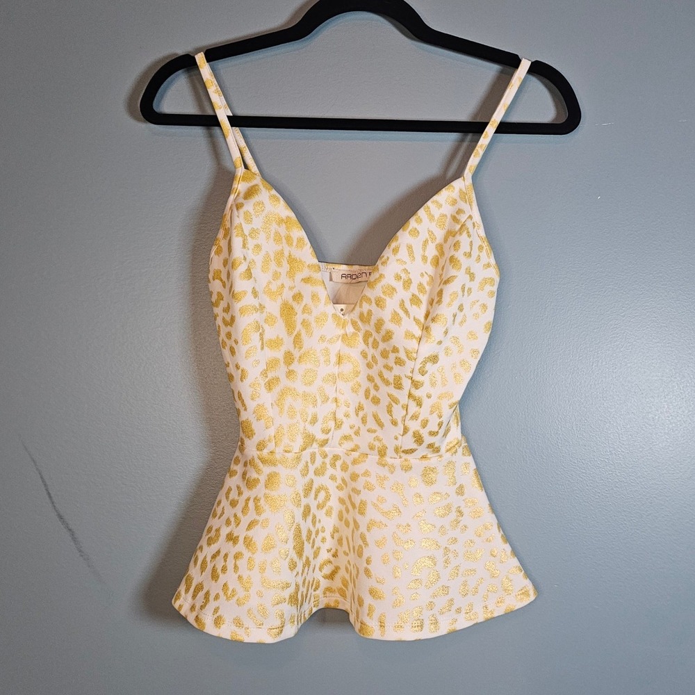 Arden B Gold Metallic Animal Print Peplum Camisole Top Deep Sweetheart XS NWT